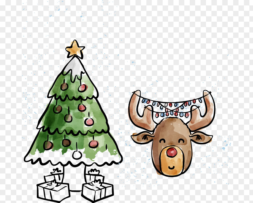 Vector Hand-painted Christmas Tree Deer Reindeer PNG
