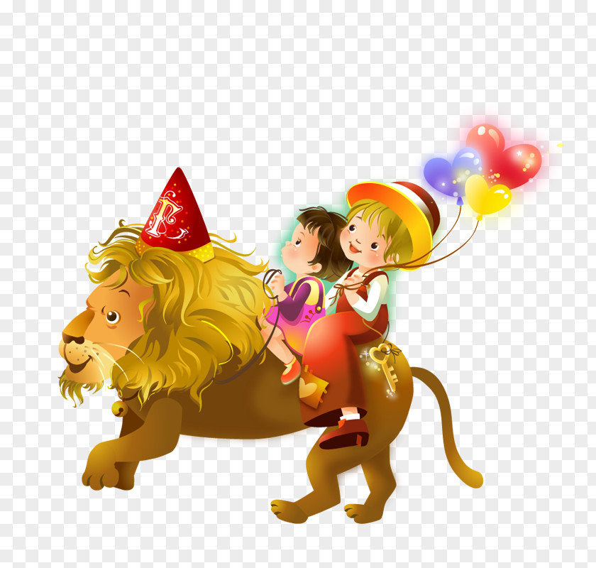 Child Riding A Lion Cartoon Illustration PNG