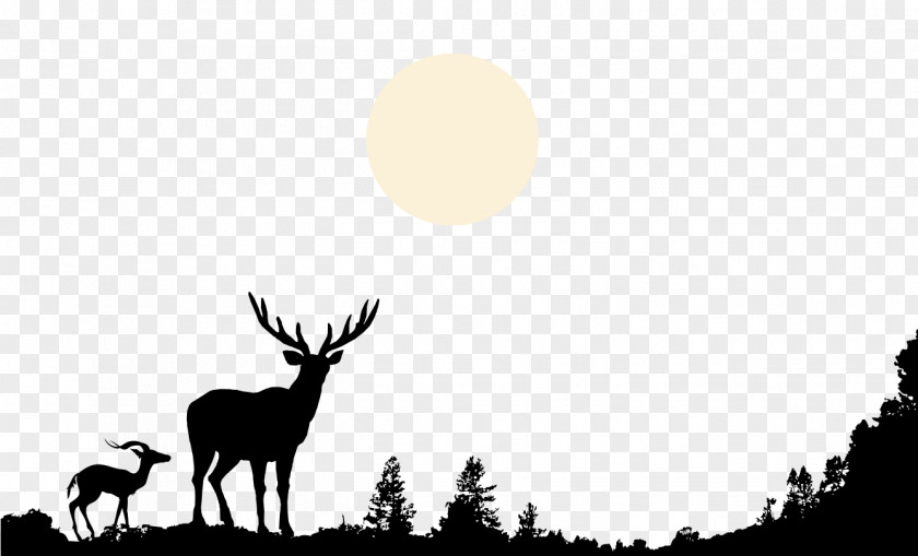 Hand-painted Black And White Silhouette Deer Hilltop Forest Moon Nature Wildlife Clip Art PNG