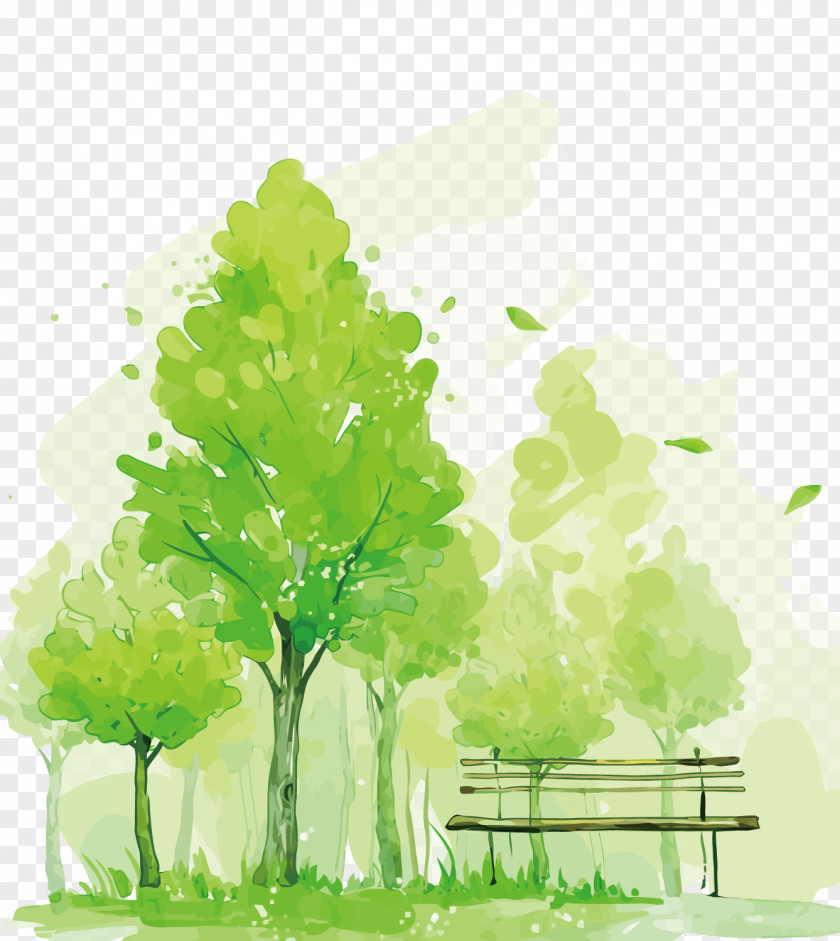 Vector Green Trees Watercolor Painting Mural Illustration PNG