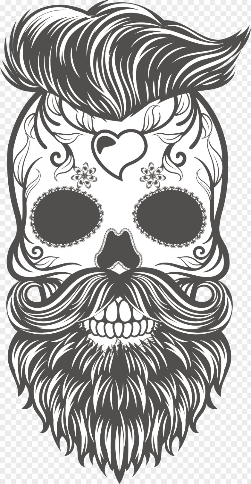 Vector Hand Painted Black And White Skull Calavera Hipster Beard Sticker PNG