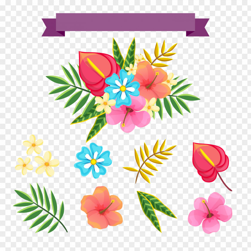 Tropical Flower And Leaf Vector PNG