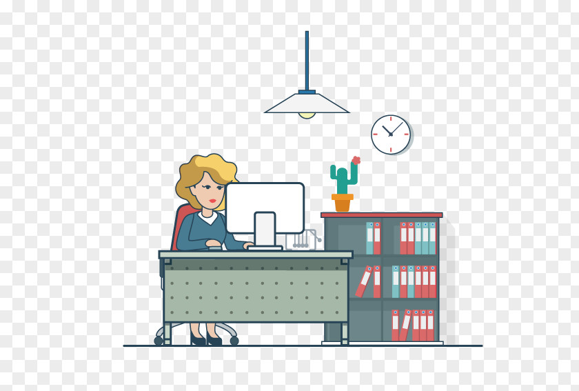 Woman Sitting In Front Of The Computer Office Cartoon Illustration PNG