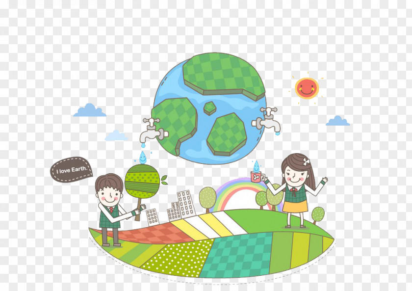 Global Village Water Conservation Cartoon Illustration PNG