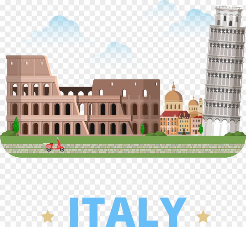 Vector Italy Travel Leaning Tower Of Pisa Colosseum Cartoon Illustration PNG
