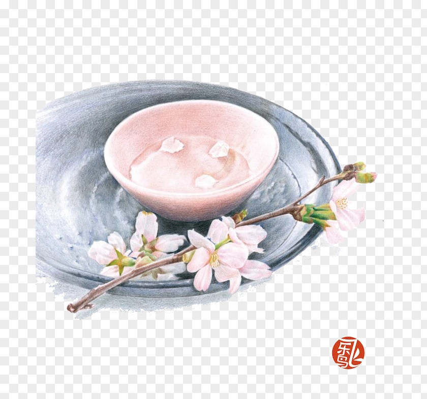 Iron Pan Pink Bowl And Flowers Paper Colored Pencil Watercolor Painting Chinese PNG