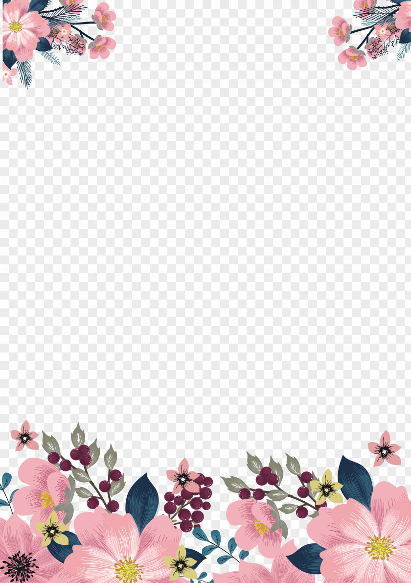 Flower PNG , Hand painted pink borders, and green floral frame on white background clipart PNG