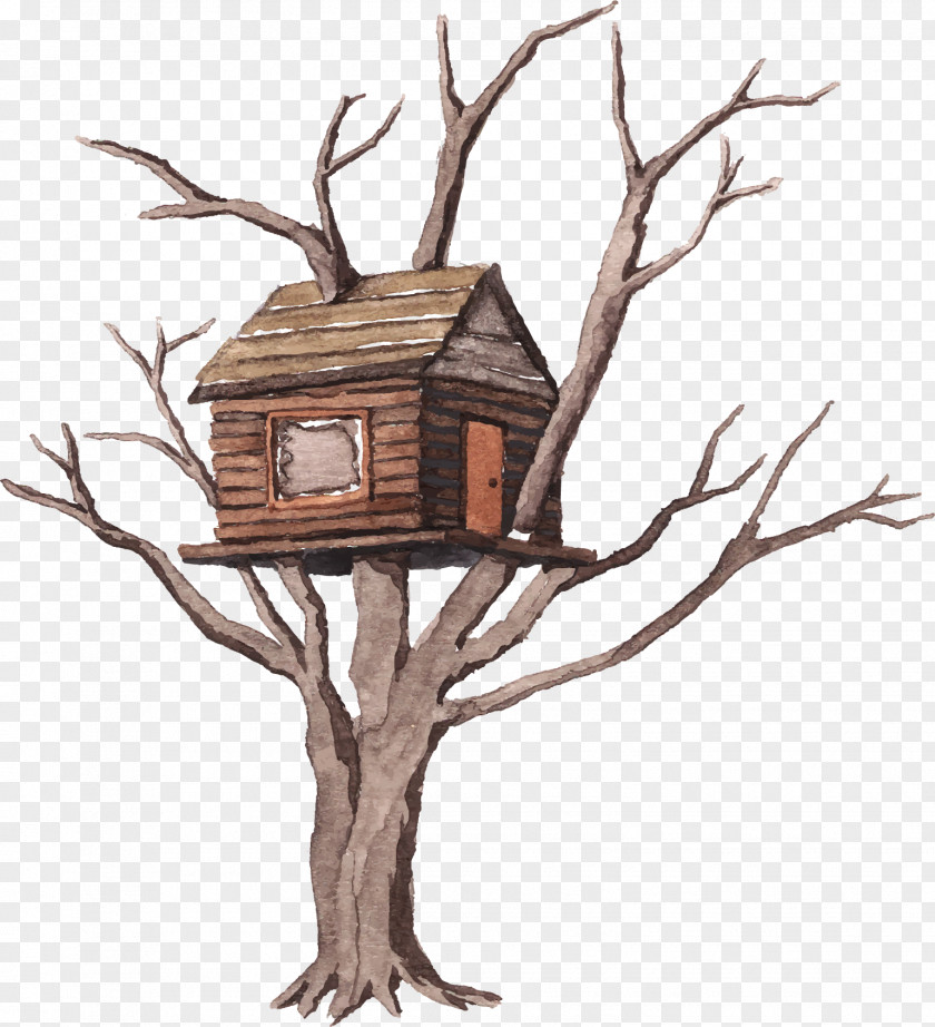 Building Log Cabin Tree Watercolor Painting Illustration PNG