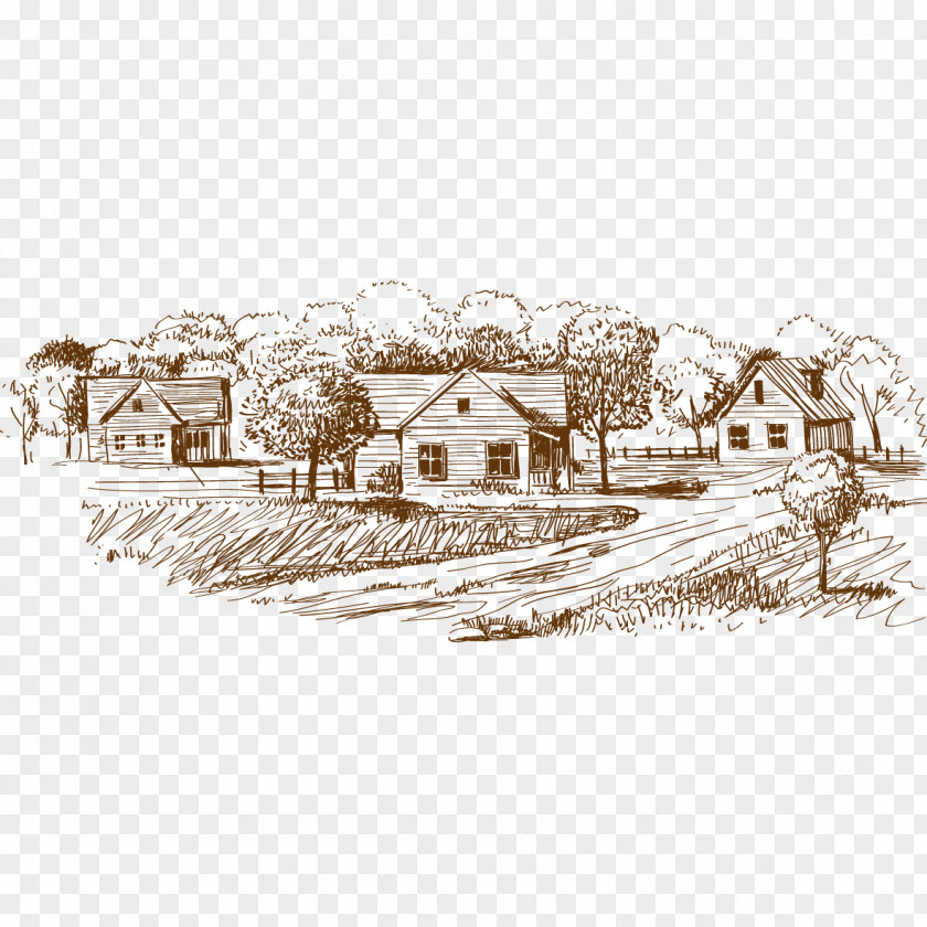 Hand-painted Village Drawing Sketch PNG