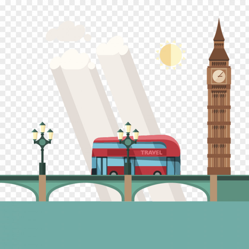 Double Decker Bus On The Bridge London Flat Design Illustration PNG