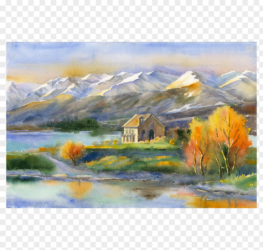 Painting Watercolor Lake Tekapo Church Of The Good Shepherd Landscape PNG
