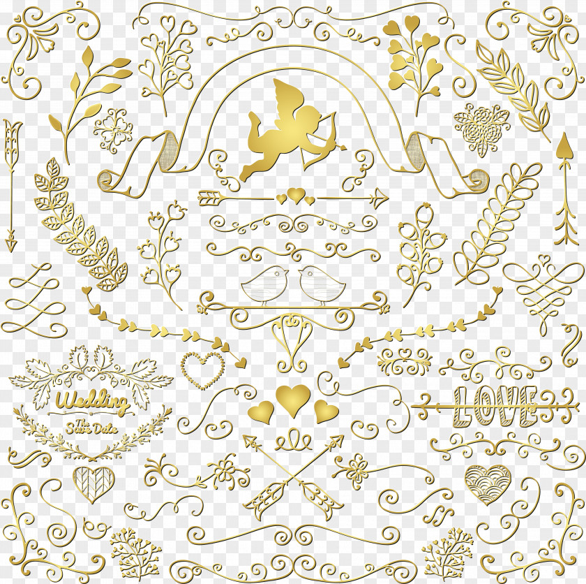 Golden Wedding Pattern Vector Drawing Floral Design Clip Art PNG