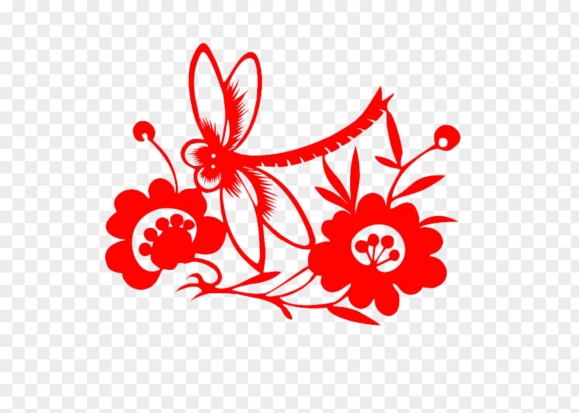 Dragonfly And Red Paper-cut Flowers Papercutting Chinese Paper Cutting PNG