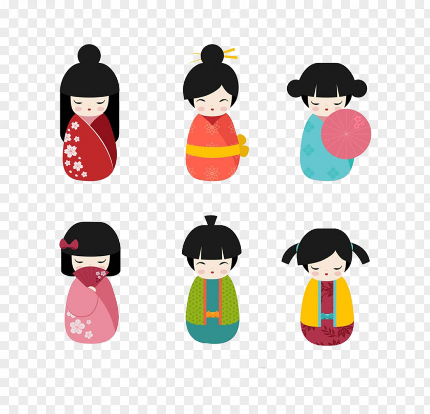 A Variety Of Kimono Girls Cartoon Japanese Dolls Kokeshi Clip Art PNG