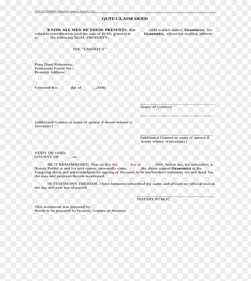 Deed Ohio Quitclaim Document Form PNG