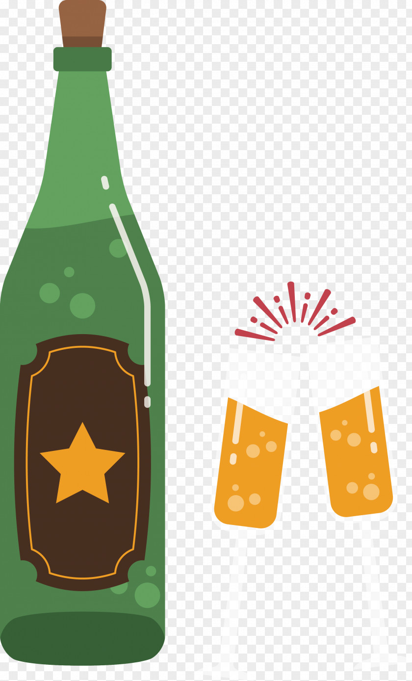 Glass Bottles Champagne New Year Fireworks Illustration PNG