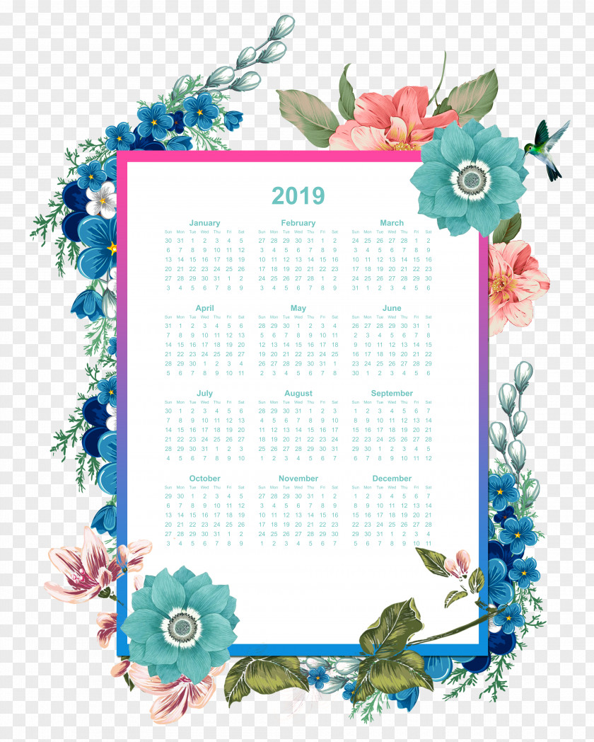 Year 2019 Calendar Printable With Floral Watercolo PNG
