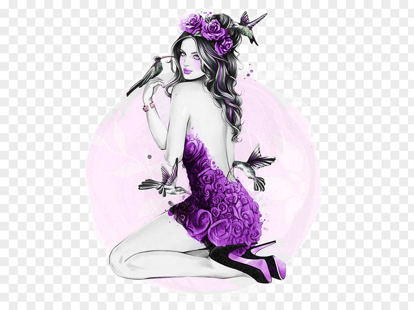 Drawing Fashion Illustrator Art Illustration PNG Illustration, Temperament girl, woman in purple floral backless dress painting clipart PNG