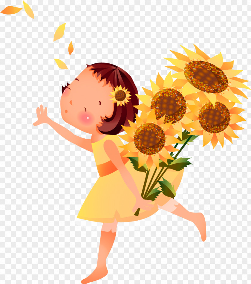 Common Sunflower Girl PNG sunflower , Yellow cartoon girl decoration pattern, woman blowing leaves and holding sunflowers illustration clipart PNG