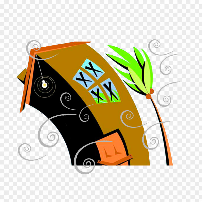 Houses And Trees Bent By The Wind Drawing Illustration PNG
