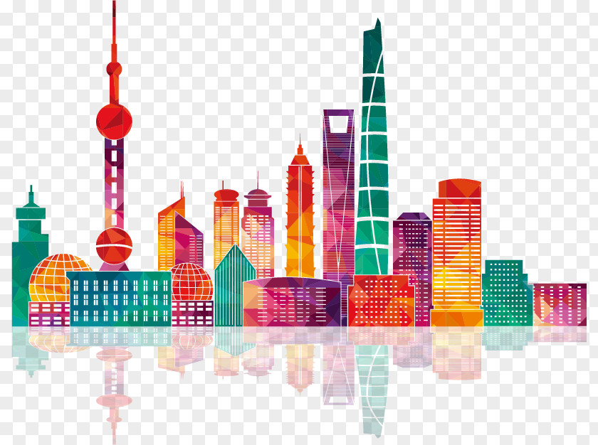 Colorful Shanghai City Building Silhouettes Skyline Illustration PNG