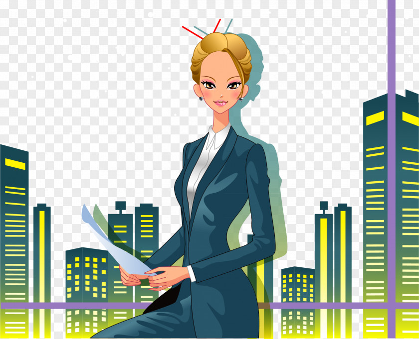 Vector Business Elite Female City Lights Cartoon Illustration PNG