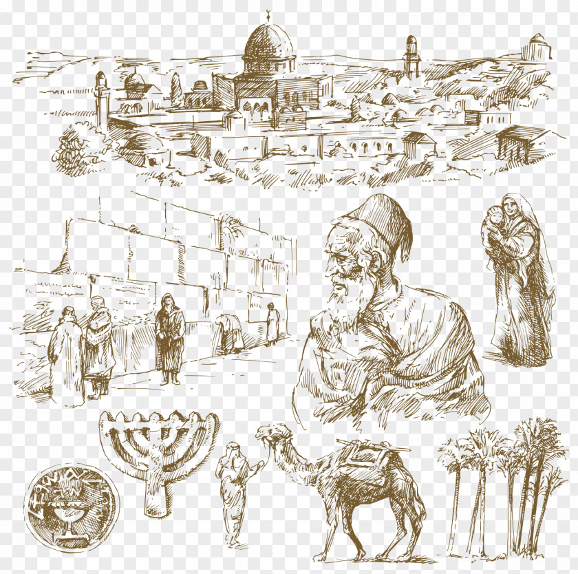 Ancient City Castle Hand Drawing Vector Western Wall Temple In Jerusalem Illustration PNG