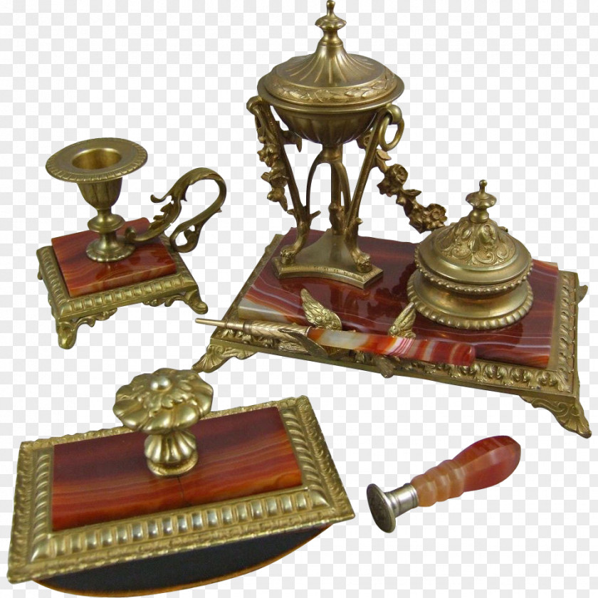 Brass Antique Furniture Computer Desk Inkwell PNG