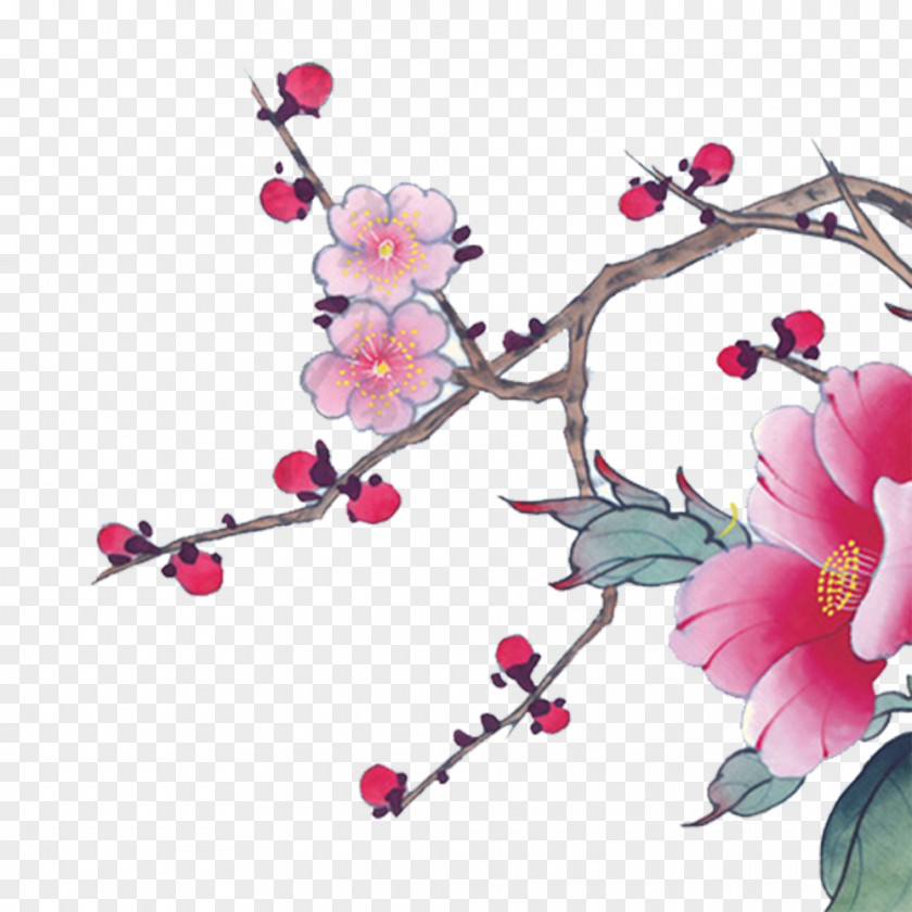 Chinese Peach Blossom Chinoiserie Ink Wash Painting Illustration PNG
