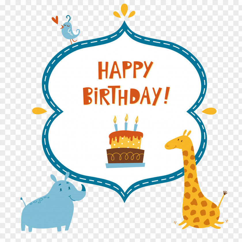 Vector Happy Birthday Hippo Giraffe Cake Greeting Card To You PNG