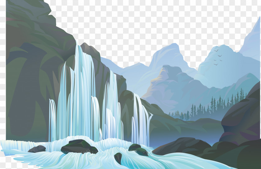 Vector Mountains And Waterfalls. Download PNG