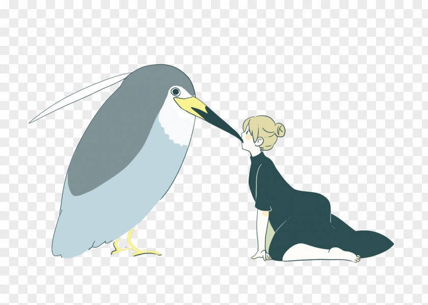 Girls Kissing Giant Bird's Beak Bird Penguin Illustration PNG