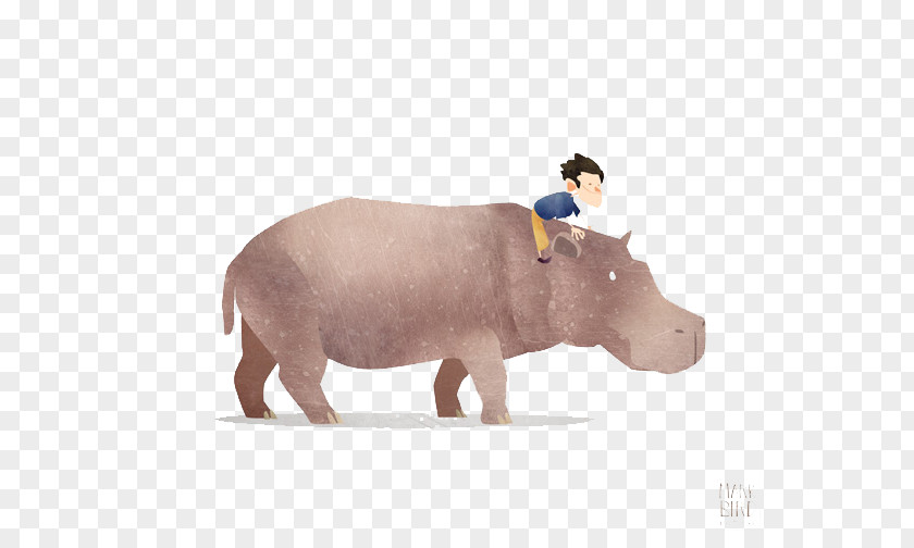 Boy Riding A Rhino Hippopotamus Rhinoceros Paper Printing Illustration PNG