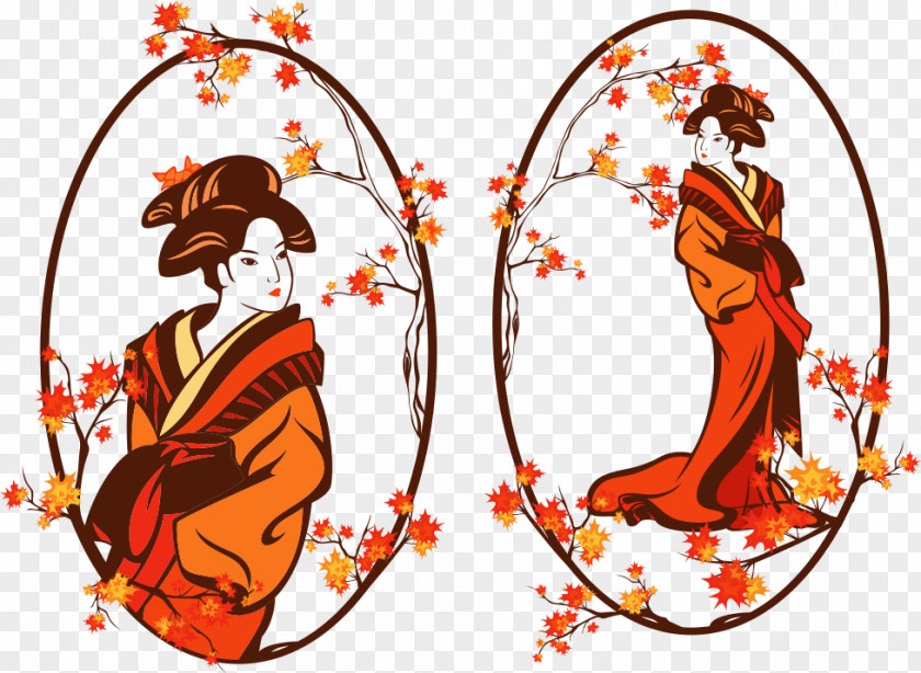 Vector Kimono Woman With Maple Leaves Geisha Royalty-free Stock Illustration PNG