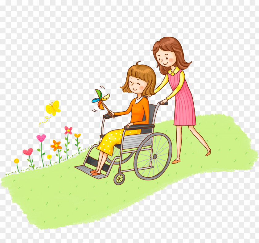 A Man Pushing Wheelchair Disability Illustration PNG