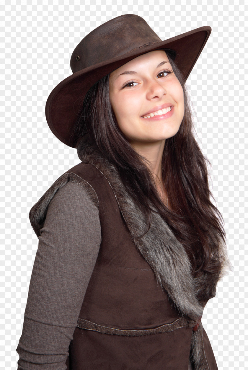 Smiling Cowgirl Woman Wearing Cowboy Hat With A Fedora PNG
