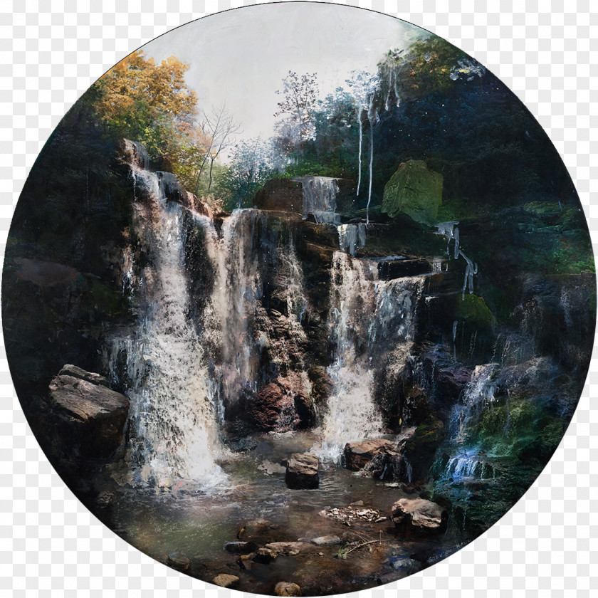 Waterfall Scenery Landscape Painting Contemporary Art Mixed Media PNG