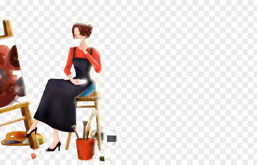 Casual Woman Painted Painting Watercolor Cartoon Illustration PNG