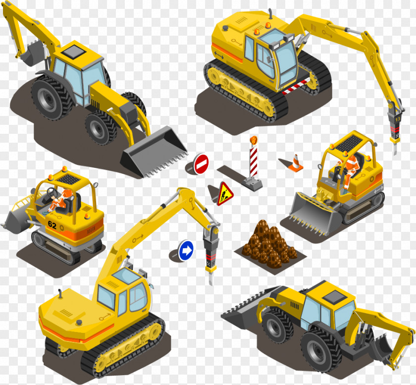 Vector Yellow Excavator Construction Vehicles Heavy Equipment Machine PNG
