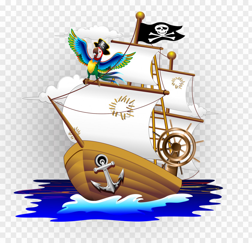 Cartoon Pirate Ship Parrot Piracy Illustration PNG