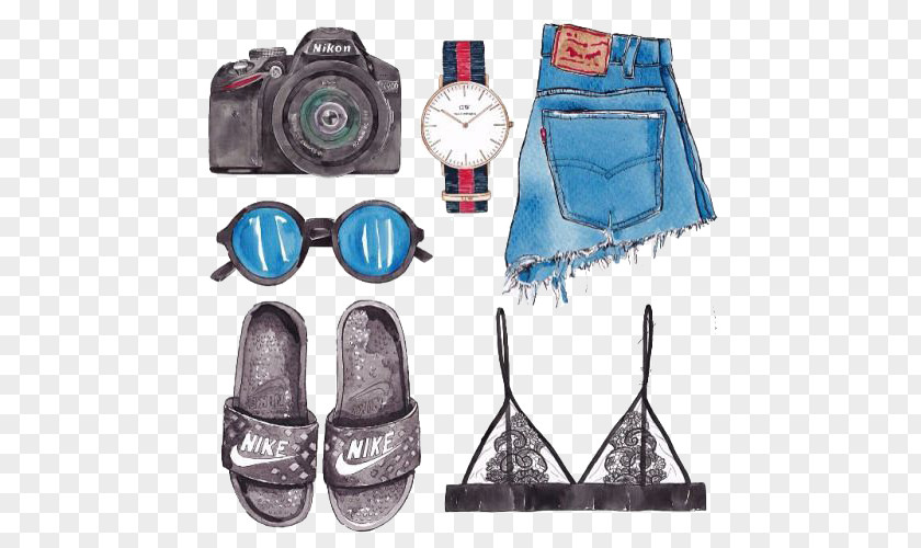 Women Dress With FIG. Nike Birkenstock Drawing Watercolor Painting Illustration PNG