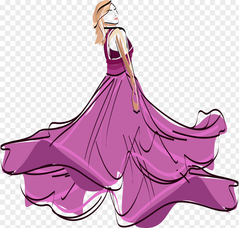 Vector Beautiful Hand-painted Dress Fashion Show Model Convite Paper PNG