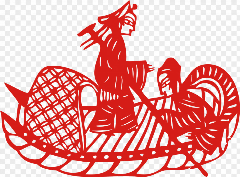 Ancient People, Taobao Creative, Hand Drawing, Red, Boating Papercutting Watercraft PNG