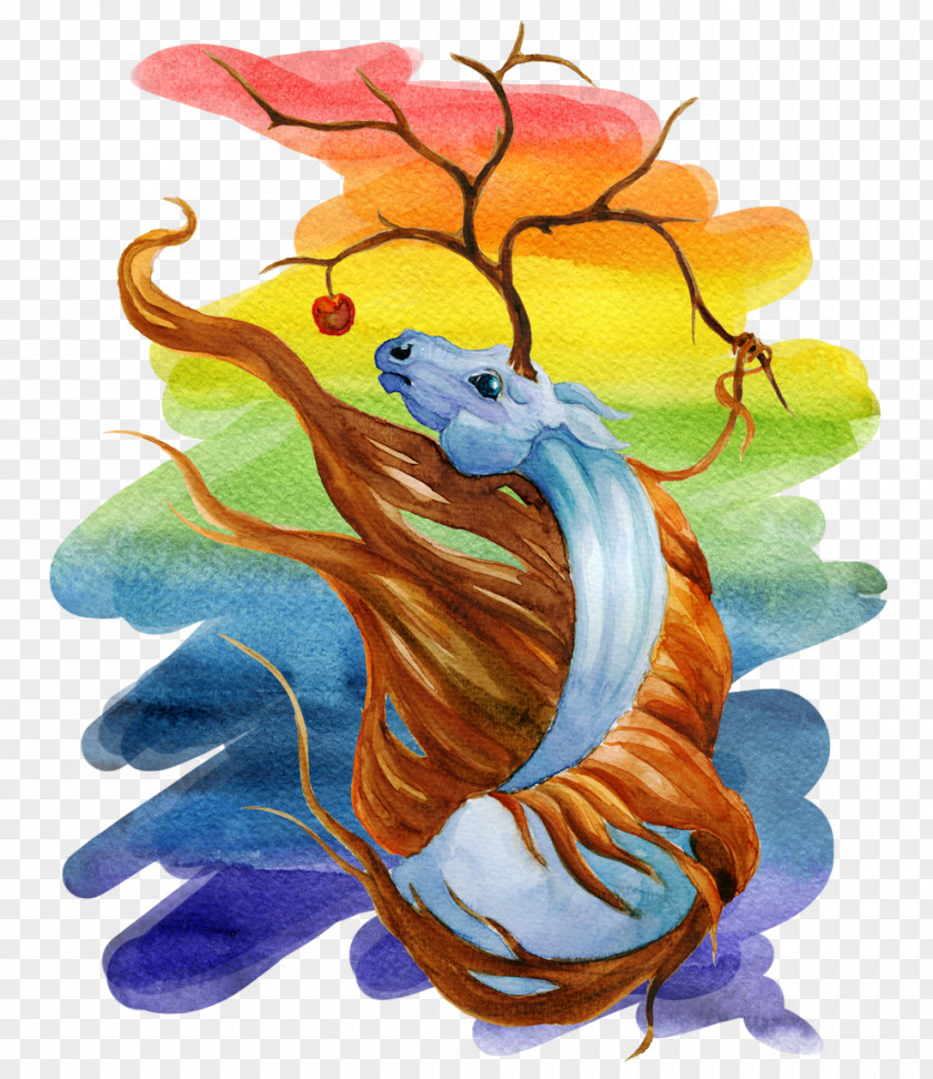 Hand-painted Watercolor Dragon Painting Rainbow Illustration PNG