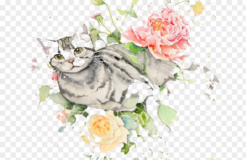Watercolor Cat Watercolour Flowers Painting Drawing PNG