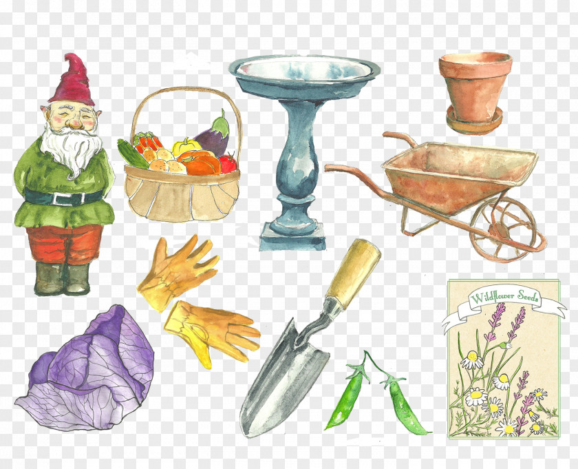 Maintenance Tools Shovel Garden Carts Baskets Child Gloves Watercolor Painting Illustration PNG