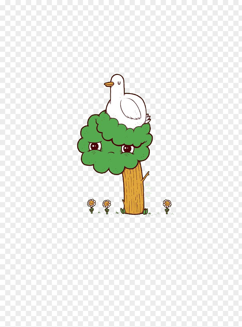 Big White Goose And Trees Domestic Cartoon Illustration PNG