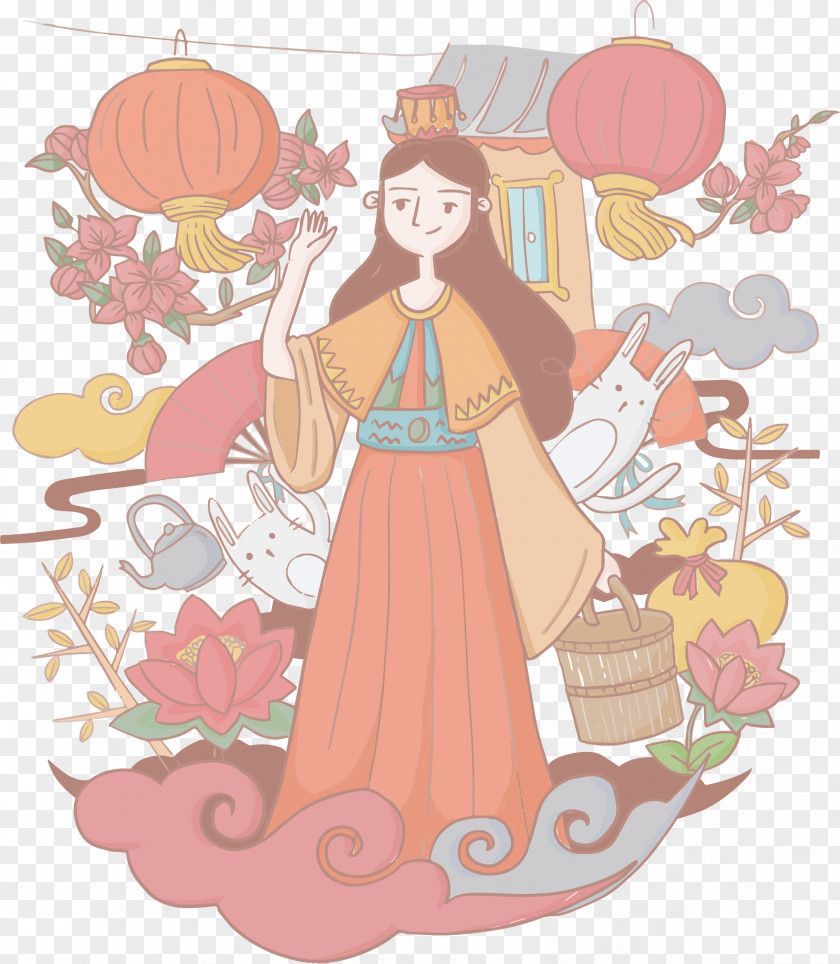 Hand-painted Beautiful Goddess Of The Moon Mooncake Change Mid-Autumn Festival Illustration PNG