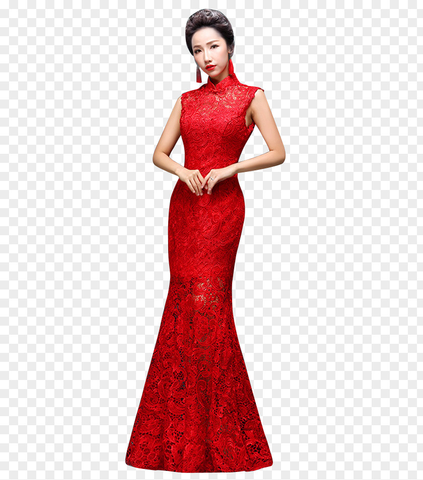 Red Lace Party Dress Gown PNG