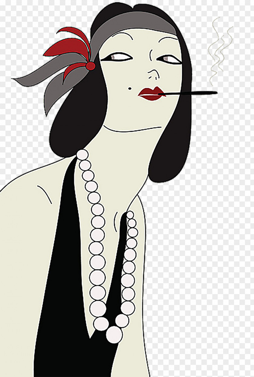 Hand Painted Smoking Woman 1920s 1930s Vintage Clothing Flapper Fashion PNG